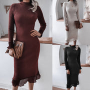 Long-sleeved casual stitching ruffled long-sleeved knitted dress with hip sweater dress