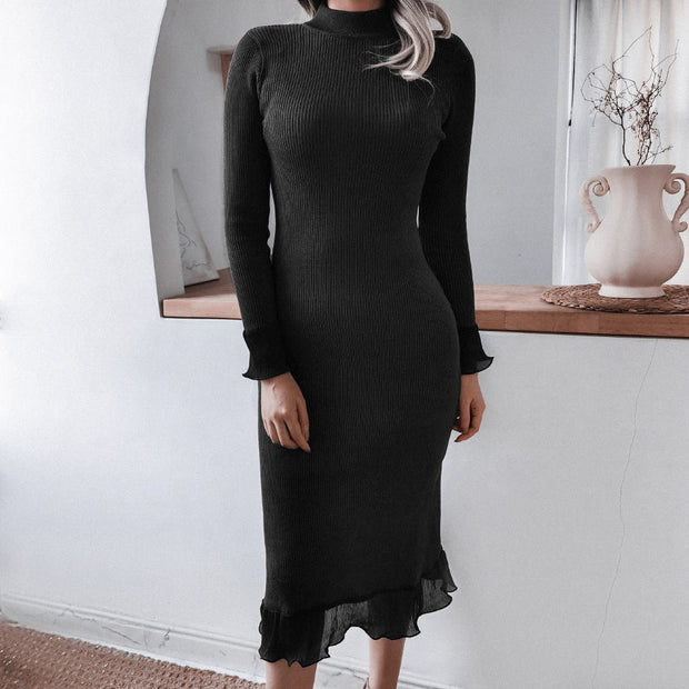 Long-sleeved casual stitching ruffled long-sleeved knitted dress with hip sweater dress