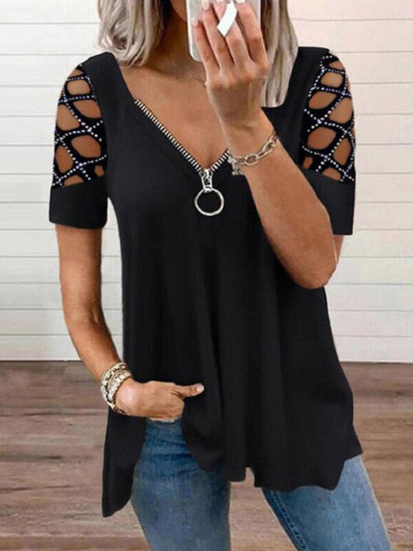 Fashionable V-neck Solid Color Hollow Sleeve Hot Rhinestone Casual Top