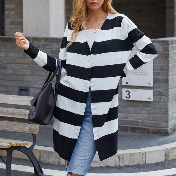 Women's knitted sweater long color contrast striped cardigan sweater
