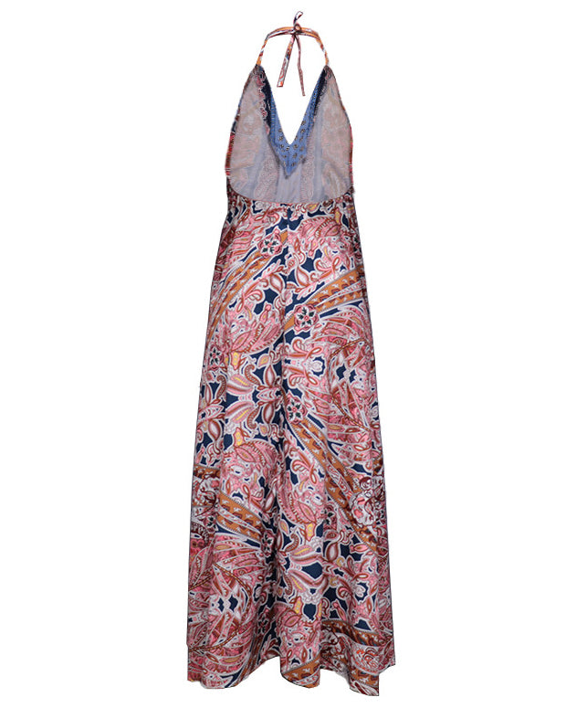 Printed Halterneck V-neck Boho Maxi Dress