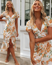 Floral printed V-neck short-sleeved high-waist maxi dress