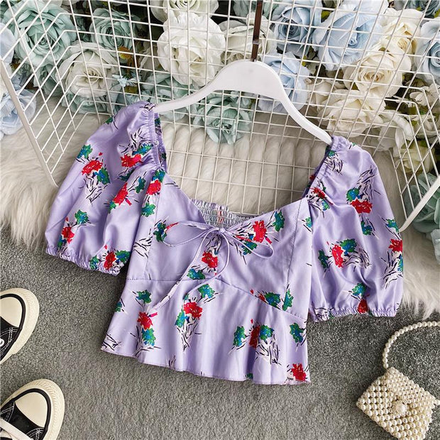 French sweet print cropped clavicle lace-up top