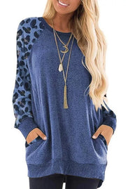 Fashion round neck color contrast pocket sweater long-sleeved pullover sweatshirt casual T-shirt