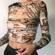 Women's round neck long sleeve fashion printed T-shirt
