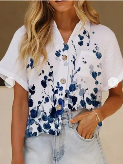 Printed stitching lapel casual short-sleeved shirt