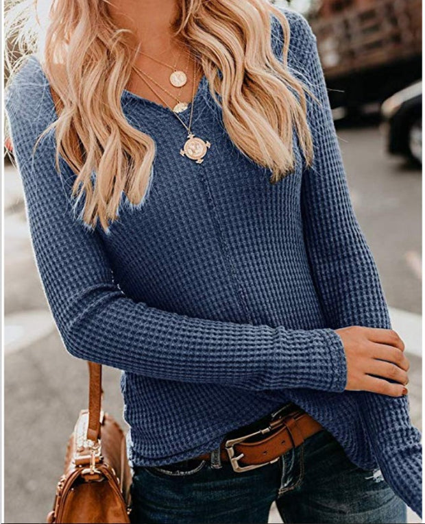 Fashion casual all-match solid color V-neck long-sleeved slim top