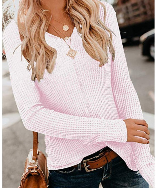 Fashion casual all-match solid color V-neck long-sleeved slim top