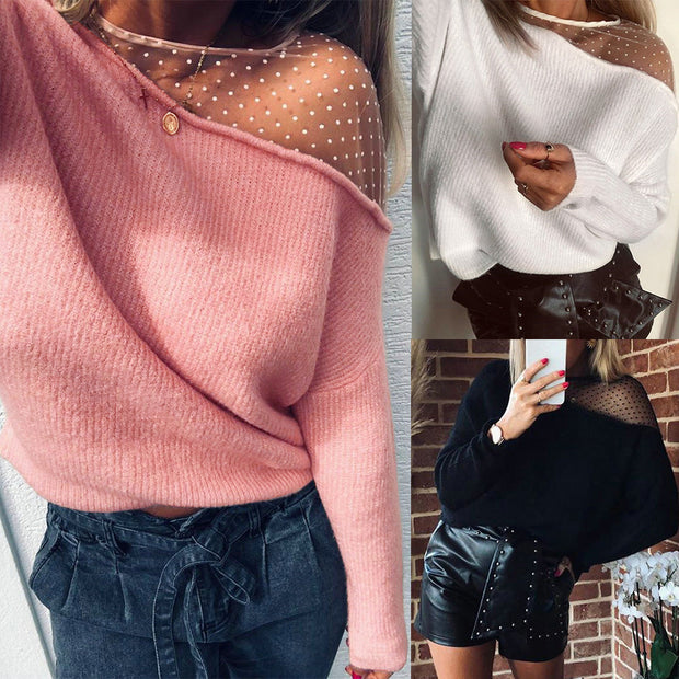 Women's sweater sexy round neck perspective off-shoulder loose casual top