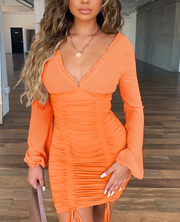 Deep V long sleeve nightclub queen style sexy tight-fitting bodycon dress with wooden ears