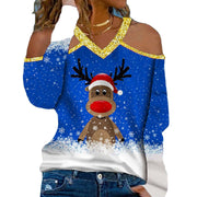 Christmas elements V-neck long-sleeved T-shirt women's sweater