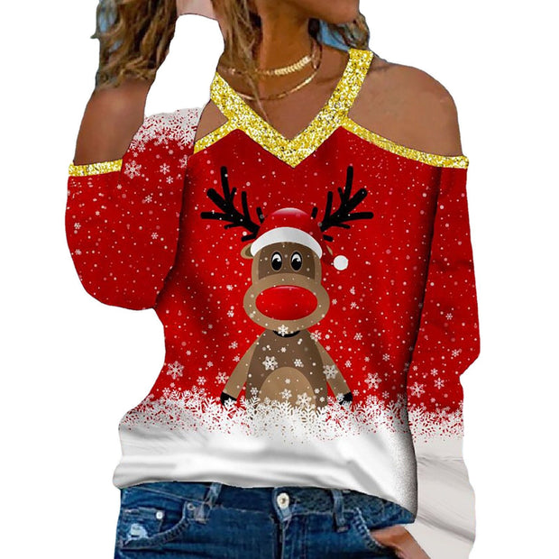 Christmas elements V-neck long-sleeved T-shirt women's sweater