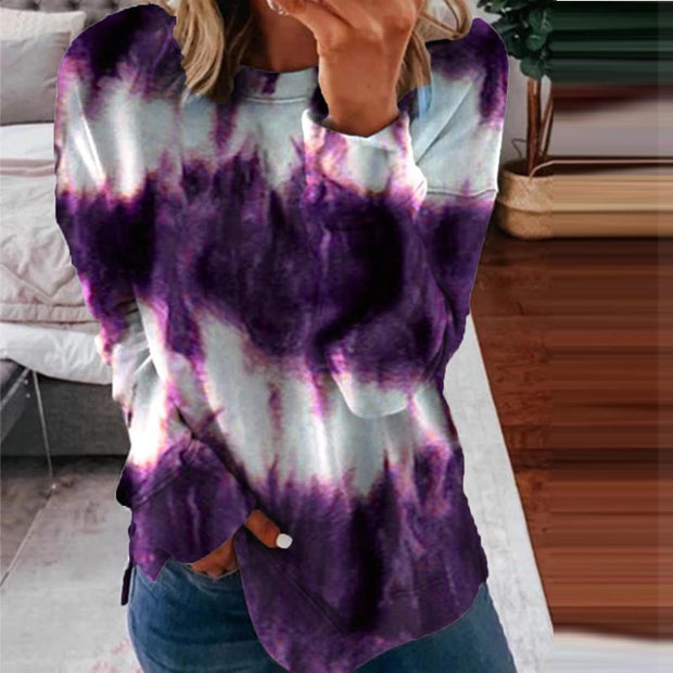 Fashion casual tie-dye printed long-sleeved loose round neck sweater women