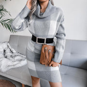 Casual plaid turtleneck sweater dress