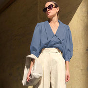 Lapel Puff Sleeve Three-quarter Sleeve French Style Design Shirt