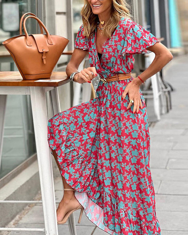 Fashion V-Neck Short Sleeve Irregular Hem Print Dress