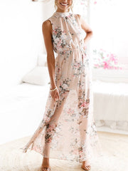 Printed sleeveless split chiffon dress long