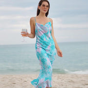 Ladies' printed pile neck suspender fishtail dress