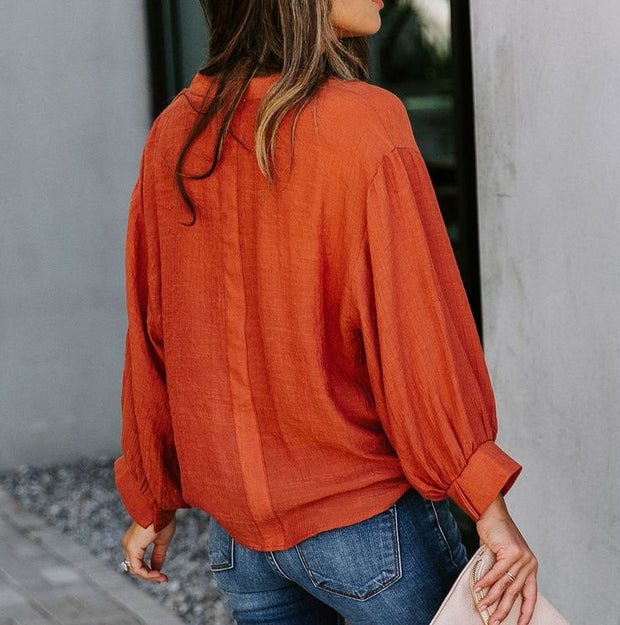 Fashion simple and versatile V-neck solid color casual shirt
