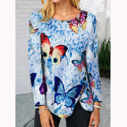 Fashion round neck butterfly hem button irregular long-sleeved T-shirt
