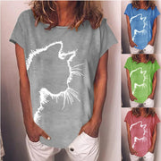 Casual cat print loose round neck short sleeve T-shirt