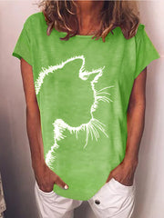 Casual cat print loose round neck short sleeve T-shirt