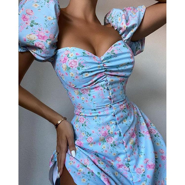 French Floral Waist Puff Sleeve Short Skirt, High Waist and Thin Blue Dress with Wrapped Chest