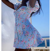 French Floral Waist Puff Sleeve Short Skirt, High Waist and Thin Blue Dress with Wrapped Chest