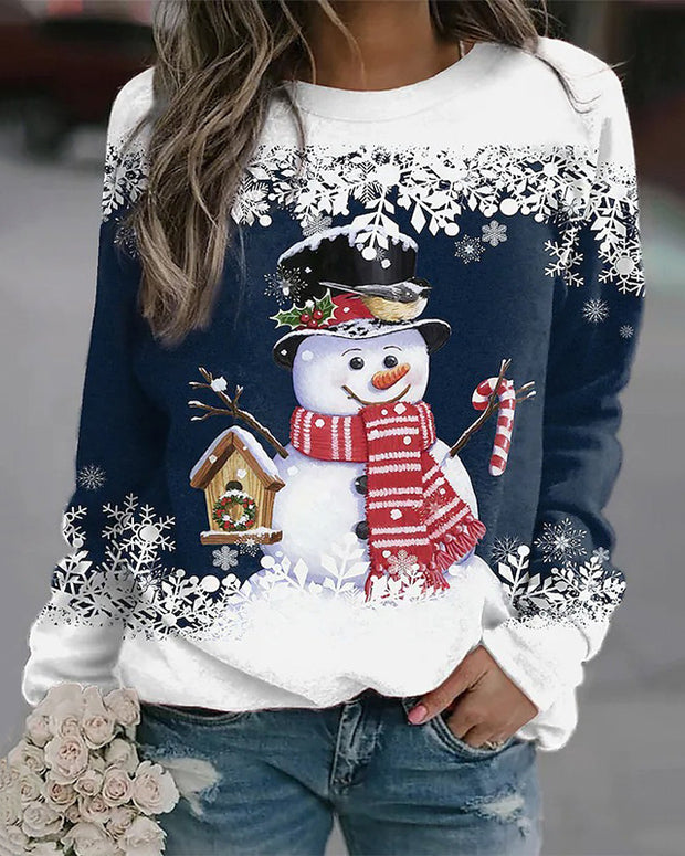 Christmas Snowman Print Long Sleeve Loose T-Shirt