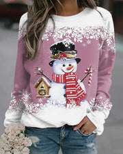 Christmas Snowman Print Long Sleeve Loose T-Shirt