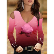 Fashion V-neck sexy off-shoulder gradient flower long-sleeved T-shirt