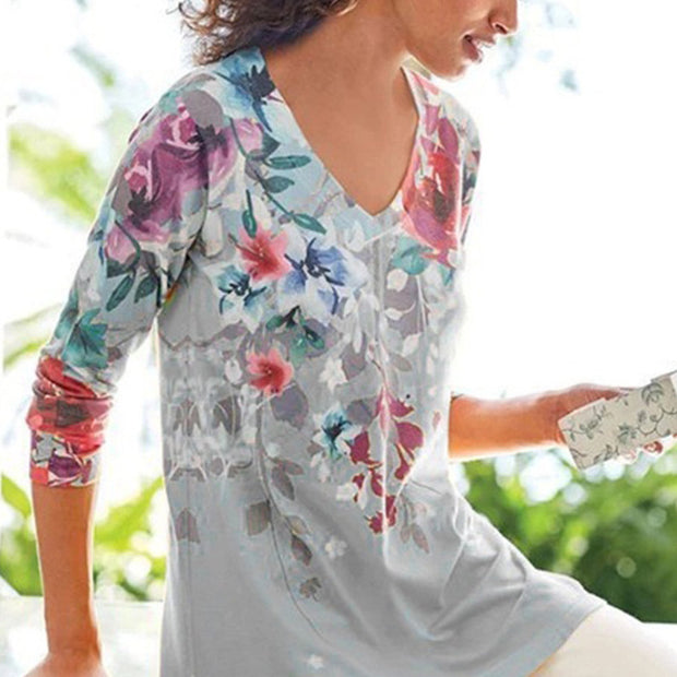 Fashion casual printing plus size women's long-sleeved V-neck loose T-shirt