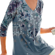 Fashion casual printing plus size women's long-sleeved V-neck loose T-shirt