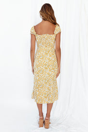 Summer square neck short sleeve side slit floral printing midi dress