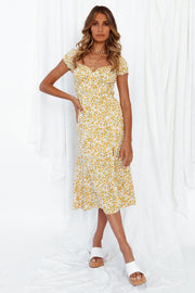 Summer square neck short sleeve side slit floral printing midi dress