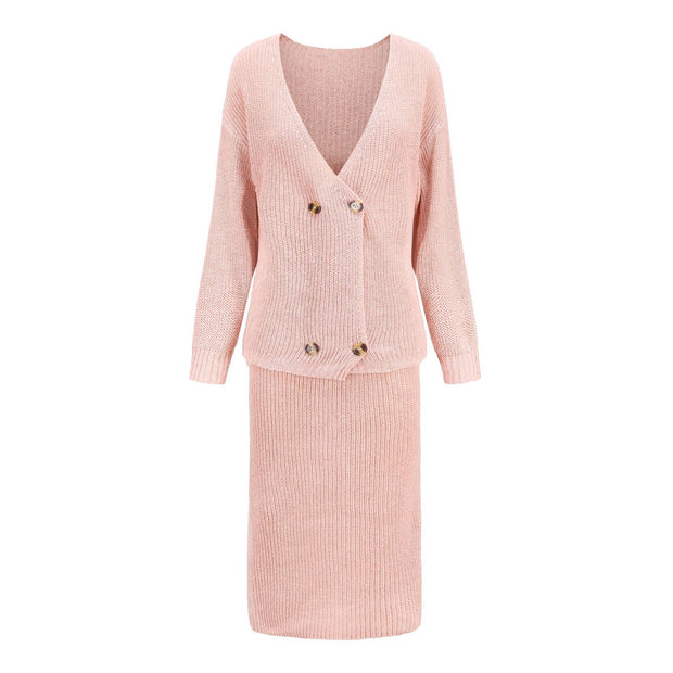 Female temperament fashion ladies style solid color deep V-neck sweater long skirt suit