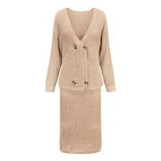 Female temperament fashion ladies style solid color deep V-neck sweater long skirt suit