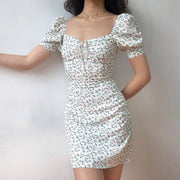 French square collar puff sleeve waist slimming printed dress