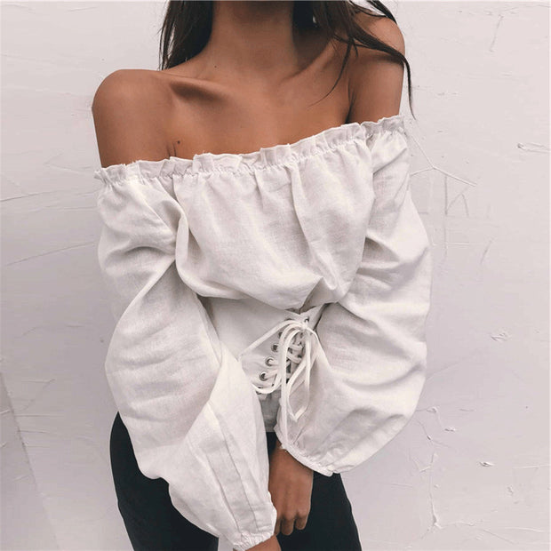 Fashion casual solid color one word neck waist tie strapless lantern sleeve T-shirt