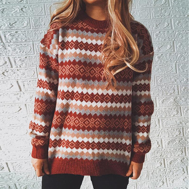 Retro pattern round neck long-sleeved knitted pullover sweater