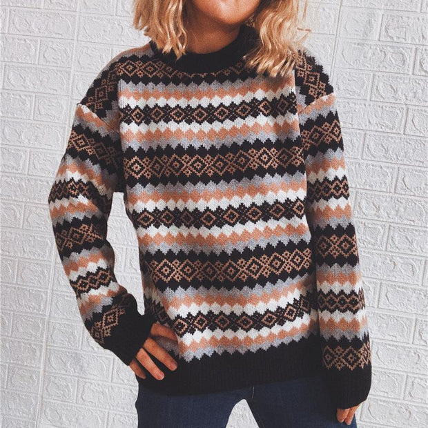 Retro pattern round neck long-sleeved knitted pullover sweater