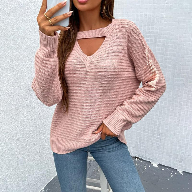 Women's solid color sexy chest hollow sweater