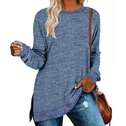 Long sleeve round neck color block slit top loose casual pullover t-Shirt