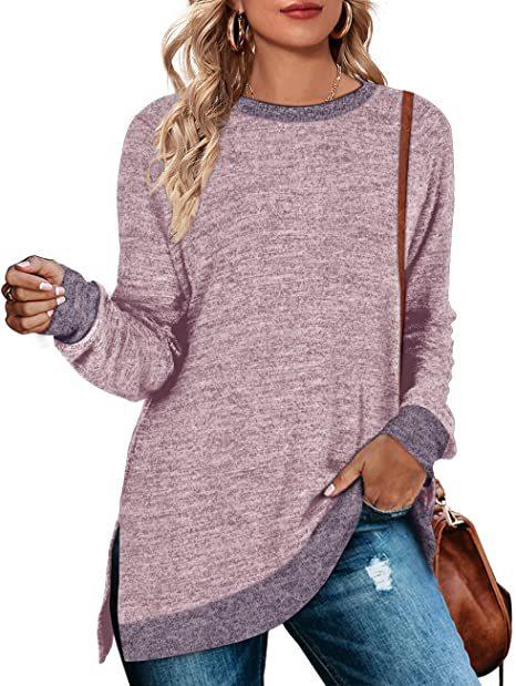 Long sleeve round neck color block slit top loose casual pullover t-Shirt
