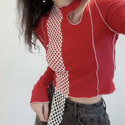 Fashion contrast color slimming irregular stitching long-sleeved T-shirt women