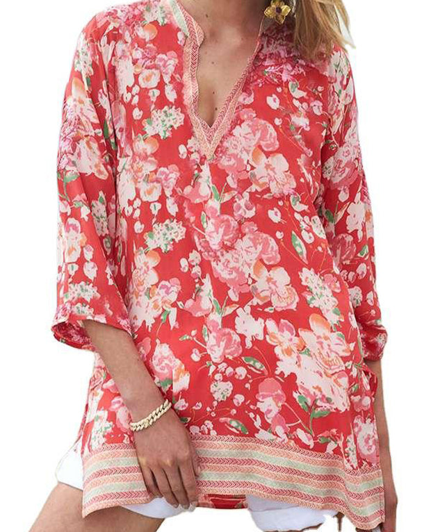 Fashion flower print V-neck blouse with loose long sleeves