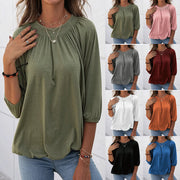 Fashion solid color round neck 3/4 sleeve loose pleated basic clothing