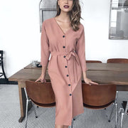 Long-sleeved buttocks solid color dress, V-neck, long-sleeved, slimming, wear a mid-length dress before and after