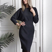 Long-sleeved buttocks solid color dress, V-neck, long-sleeved, slimming, wear a mid-length dress before and after