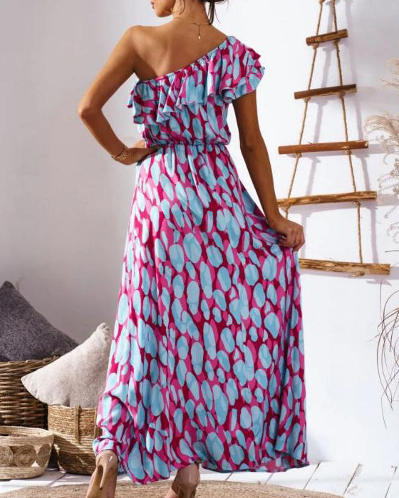 Nipped Waist Sexy Off The Shoulder Printed Long Dress